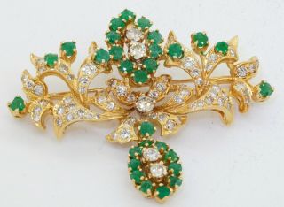 Jg Jlry Vintage Heavy 18k Gold 5.  0ctw Vs1/f Diamond/emerald Cluster Brooch