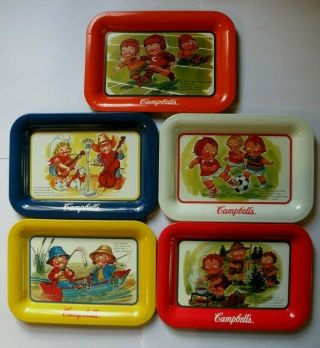 5 Vintage Campbell’s Soup Kids Mini Metal Trays Football Fishing Scout Soccer