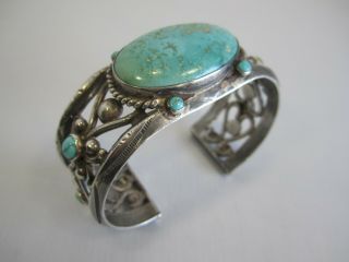 Vintage Navajo Native American Silver Ingot Cuff Bracelet With Trurquoise