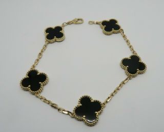Van Cleef & Arpels Vintage Alhambra 5 Onyx Motif Bracelet In 18k Y.  Gold