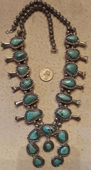 Vintage Navajo Squash Blossom Necklace Royston Turquoise Sterling Huge 197g 26 "