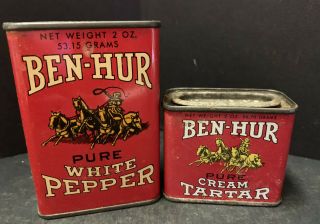 Vintage Ben Hur Spice Tin White Pepper & Cream Of Tarter 2 Oz Cans