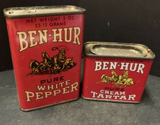 Vintage Ben Hur Spice Tin White Pepper & Cream Of Tarter 2 oz Cans 3