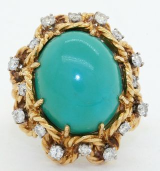 Vintage Jumbo Heavy 18k Gold.  90ctw Vs Diamond/natural Turquoise Cocktail Ring