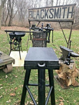 Vintage 92 lb.  Peter Wright Blacksmith Anvil,  Coal Forge Peter Wright Leg vise etc 4