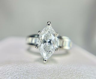 Vintage 14k White Gold Marquise Cut Baguette Diamond Engagement Ring 2 Ct