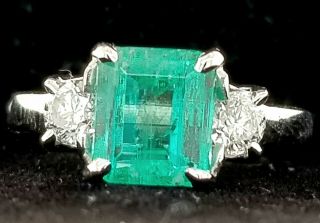 Vintage Platinum Engagement Ring 2.  01ct.  Natural Colombian Green Emerald