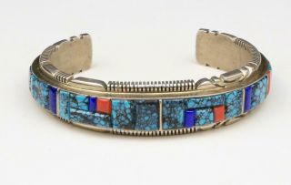 Vintage Navajo Huge Multi - Stone Inlay Cuff Bracelet By Artisan Thomas Francisco