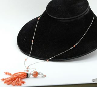 Vintage 18k Wg 2.  75ct Vs1/f Diamond Onyx Coral Tassel Pendant Necklace