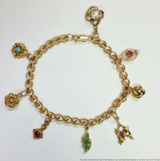 Victorian Antique Charms Diamond Ruby Sapphire Emerald 14k Gold Bracelet 1940s