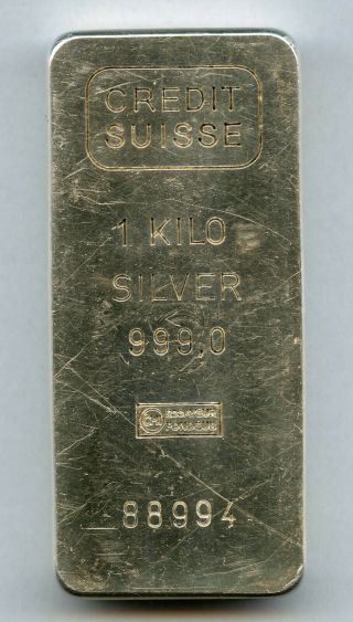 Vintage Valcambi Credit Suisse 1 Kilo Silver Bar.  999 Rare / 32.  15 Ozt