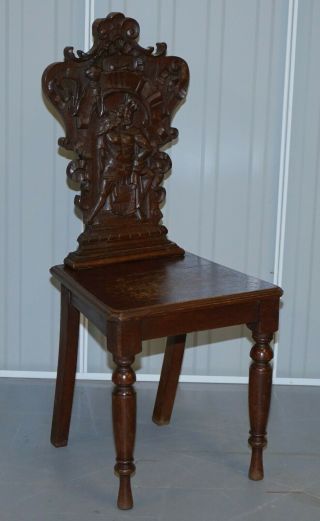 VINTAGE ENGLISH OAK OCCASIONAL HALL CHAIRS DEPICTING KING & GENTLEMAN 2