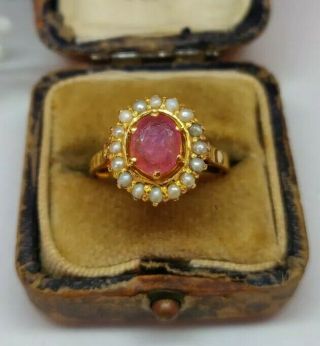 Vintage 18ct Ruby And Pearl Cluster Ring.  Hallmarked.  4.  35g Uk Hallmarked.
