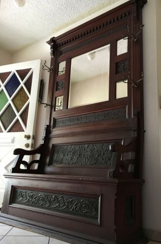 Antique Hall Tree Bench,  Old Vtg Victorian Carved Entry Seat Mirror Coat Rack