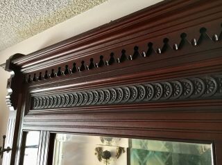 ANTIQUE HALL TREE BENCH,  Old Vtg Victorian Carved Entry Seat Mirror Coat Rack 5