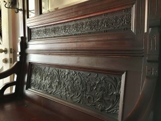 ANTIQUE HALL TREE BENCH,  Old Vtg Victorian Carved Entry Seat Mirror Coat Rack 6