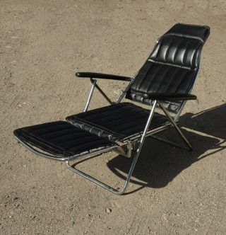Vintage Mid Century Modern Black Chrome Recliner Chair 6 Positions to Flat 6