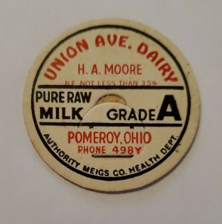 Union Ave.  Dairy H.  A.  Moore Pomeroy Ohio Meigs County Grade A Milk Bottle Cap