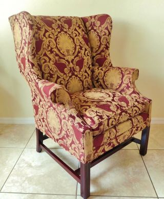 Large Antique/vtg Mahogany Wood Burgundy & Gold Upholstered Wing Back Arm Chair