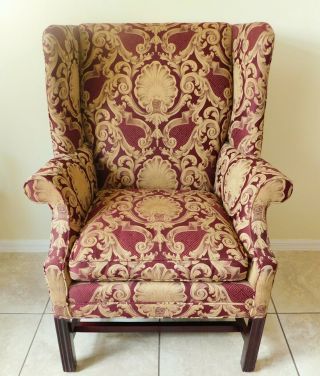Large Antique/Vtg Mahogany Wood Burgundy & Gold Upholstered Wing Back Arm Chair 2