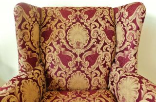 Large Antique/Vtg Mahogany Wood Burgundy & Gold Upholstered Wing Back Arm Chair 3