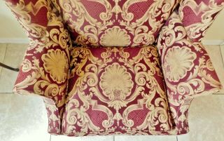 Large Antique/Vtg Mahogany Wood Burgundy & Gold Upholstered Wing Back Arm Chair 4