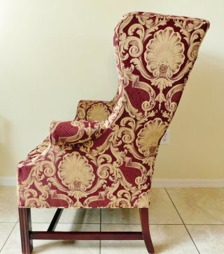 Large Antique/Vtg Mahogany Wood Burgundy & Gold Upholstered Wing Back Arm Chair 5