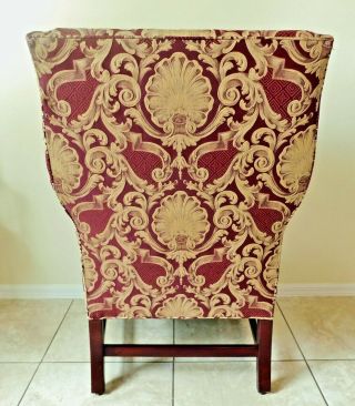 Large Antique/Vtg Mahogany Wood Burgundy & Gold Upholstered Wing Back Arm Chair 6