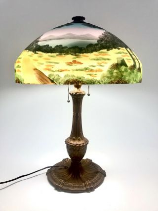 Vintage Reverse Painted Glass Lamp W/ Landscape Scene - Handel / Jefferson Style