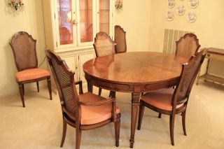 High - End Fancher Vintage Walnut Dining Table With 6 Cane Chairs