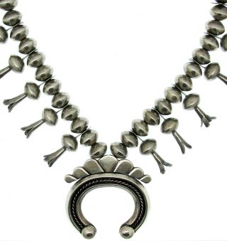 Heavy - Vintage Antique Native American Navajo Squash Blossom Necklace Silver