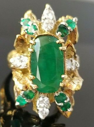 Vintage Rich Green Emerald Vs Diamond Heavy Naturalist 18k Yellow Gold Ring