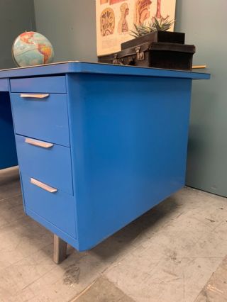 Vintage General Fireproofing Metal Tanker Desk Blue 4