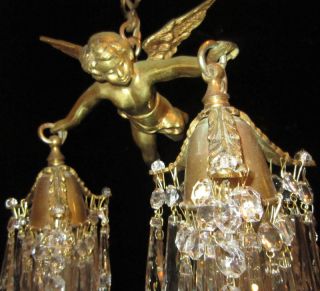 Bronze Vintage Chandelier Hanging French Lamp Flying Cherub Brass Crystal Prisms