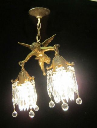 Bronze Vintage Chandelier hanging French Lamp Flying Cherub Brass Crystal prisms 3