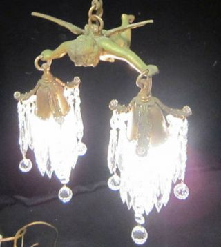 Bronze Vintage Chandelier hanging French Lamp Flying Cherub Brass Crystal prisms 4