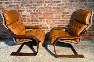 Oversized Vintage Ekrone 1970 Danish Bentwood Chairs Tan Leather 2