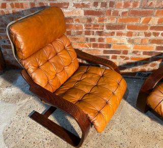 Oversized Vintage Ekrone 1970 Danish Bentwood Chairs Tan Leather 3