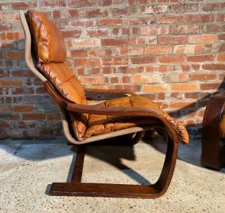 Oversized Vintage Ekrone 1970 Danish Bentwood Chairs Tan Leather 4
