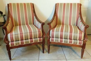 Pair Large Antique/vtg Temple Furn.  Solid Mahogany Upholstered Accent Arm Chairs