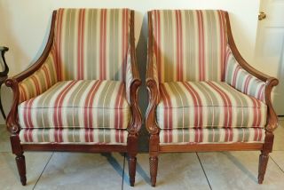 Pair Large Antique/Vtg Temple Furn.  Solid Mahogany Upholstered Accent Arm Chairs 2