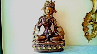 Very Rare Antique Chinese Partially Gilt Copper Buddha Statue Figurine 12 " H