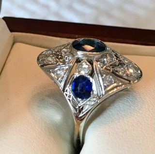 Antique Estate 14kt White Gold Natural Sapphire And Diamond Ring