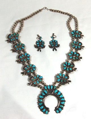26 " Vintage Turquoise Squash Blossom Silver Necklace 90 Stones & Earrings