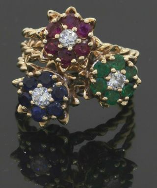 Heavy Vintage 14k Yg 3.  36ct Diamond Ruby Emerald Sapphire Flower Ring Size 9.  25