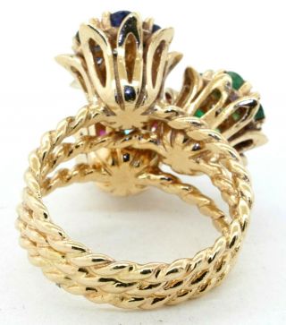 Heavy vintage 14K YG 3.  36CT diamond ruby emerald sapphire flower ring size 9.  25 3