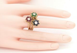 Heavy vintage 14K YG 3.  36CT diamond ruby emerald sapphire flower ring size 9.  25 4