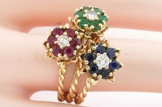 Heavy vintage 14K YG 3.  36CT diamond ruby emerald sapphire flower ring size 9.  25 5