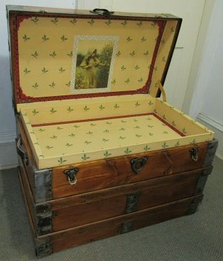 ANTIQUE STEAMER TRUNK VINTAGE VICTORIAN MID SIZE FLAT TOP CHEST TRAY & KEY C1890 2