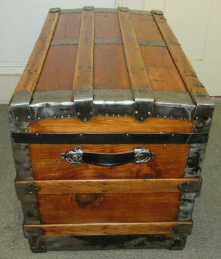 ANTIQUE STEAMER TRUNK VINTAGE VICTORIAN MID SIZE FLAT TOP CHEST TRAY & KEY C1890 6